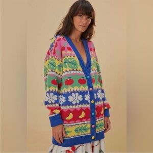 Farm Rio Sweet Orchad Knit Cardigan Sweater Banana Buttons Cherry Apples S NEW